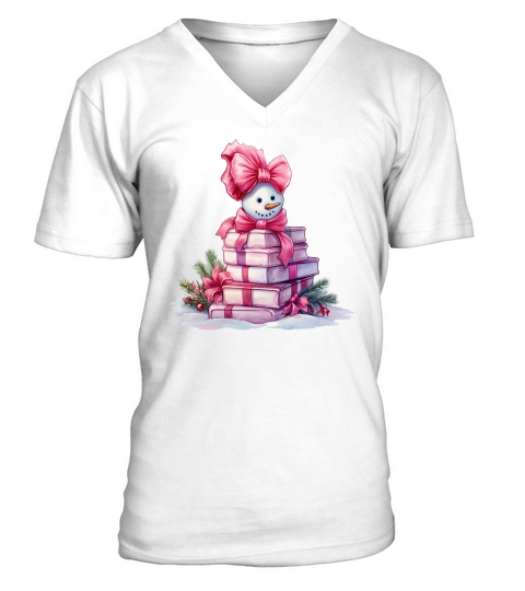 Christmas Pink Snowman Books Watercolor V-Neck T-shirt