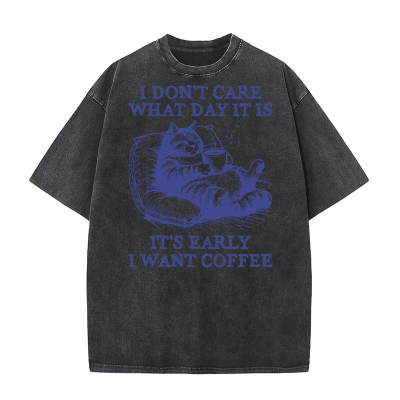 Cat Don’t Care Just Want Coffee L vBlue Washed T-Shirt