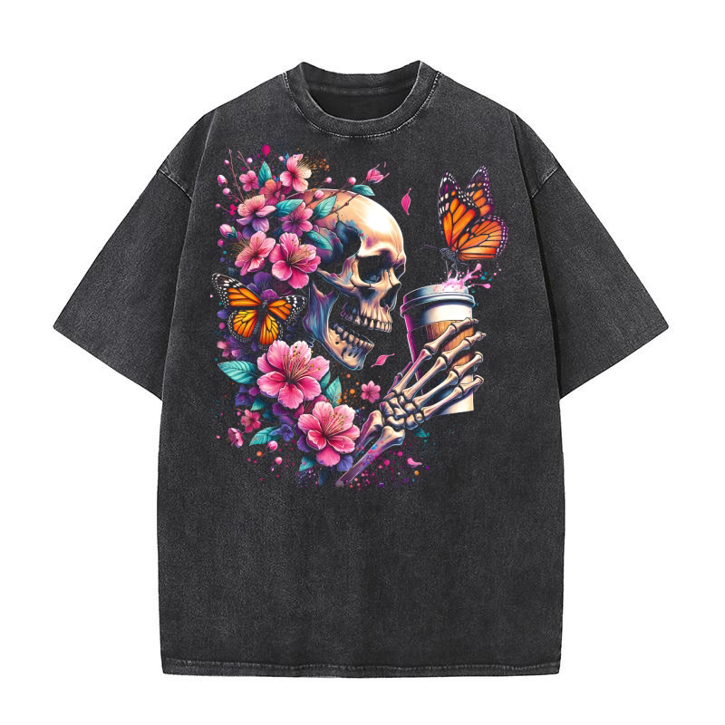 Cherry Blossom Skull with Butterflies Washed T-Shirt