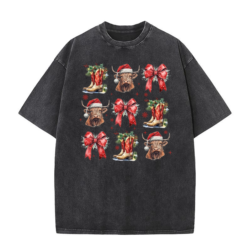 Christmas Coquette Highland Cow 7 Washed T-Shirt