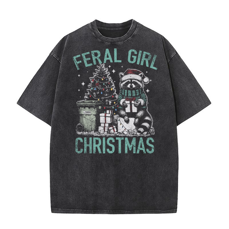 Feral Girl Christmas Raccoon D Green TR Washed T-Shirt