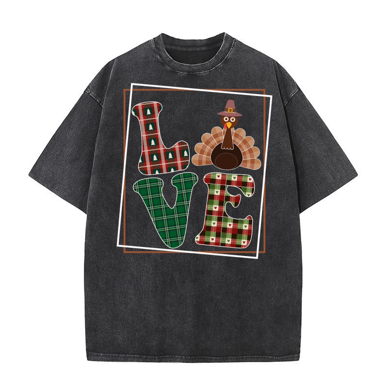 Love Turkey Pattern Thanksgiving Washed T-Shirt