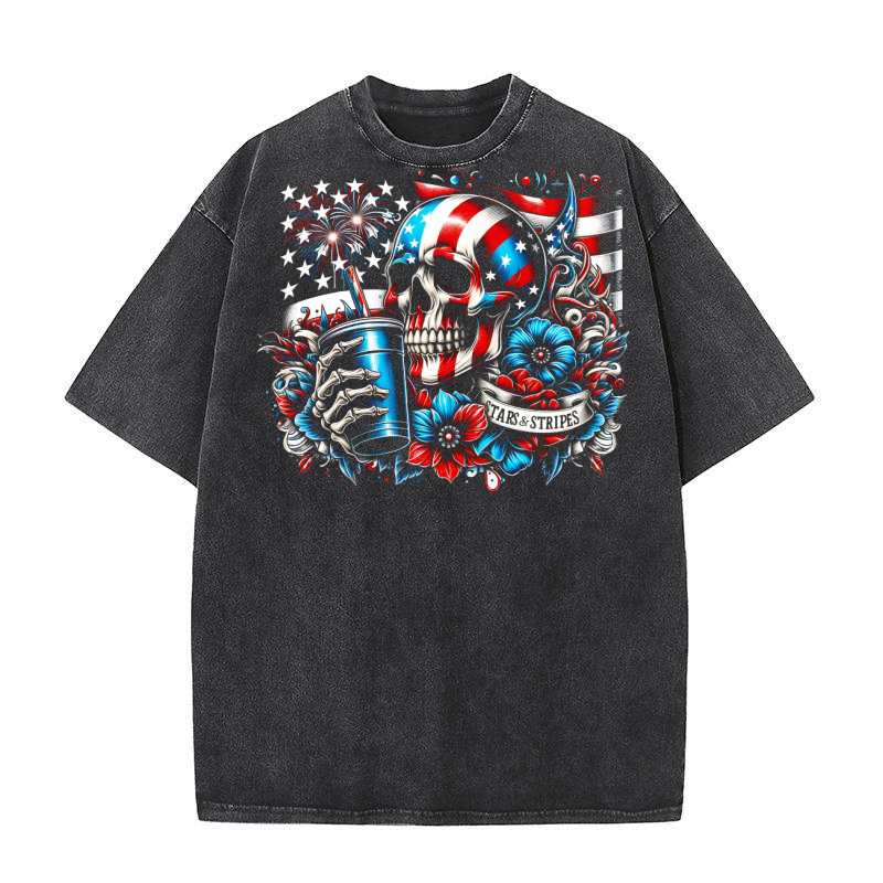 Patriotic Skull with Flag and Flowers Washed T-Shirt