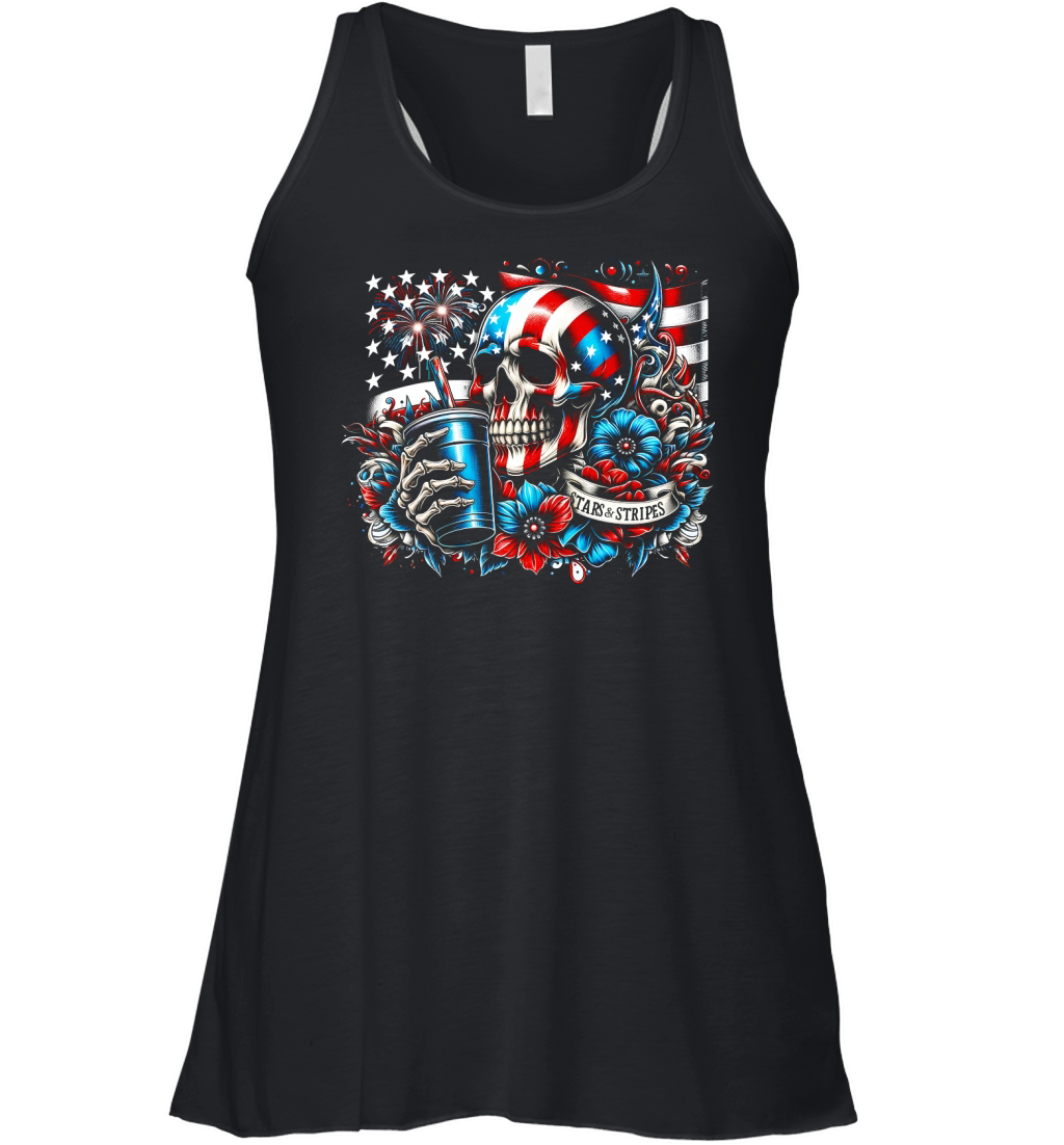 Patriotic Skull with Flag and Flowers Women's Flowy Tank Top