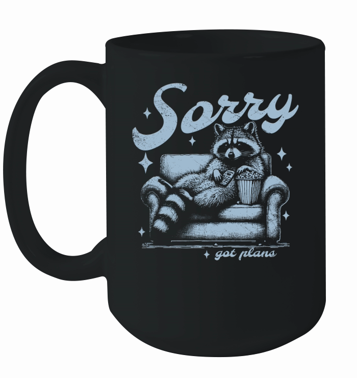 Sorry Got Plans Raccoon Sofa Popcorn D Retro Grey GR Ceramic Mug
