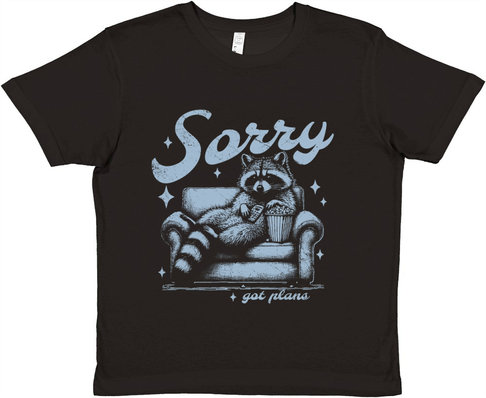 Sorry Got Plans Raccoon Sofa Popcorn D Retro Grey GR Premium Kids Crewneck T-shirt