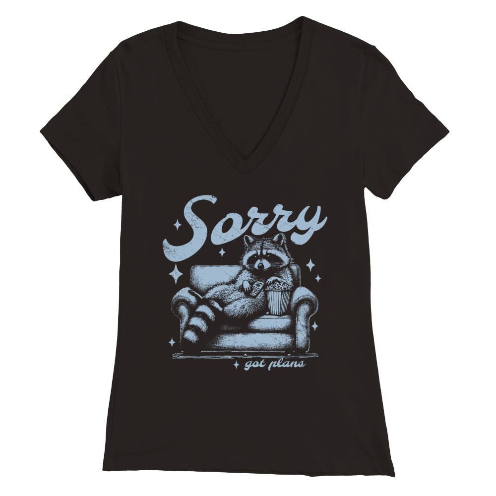 Sorry Got Plans Raccoon Sofa Popcorn D Retro Grey GR Premium Womens V-Neck T-shirt