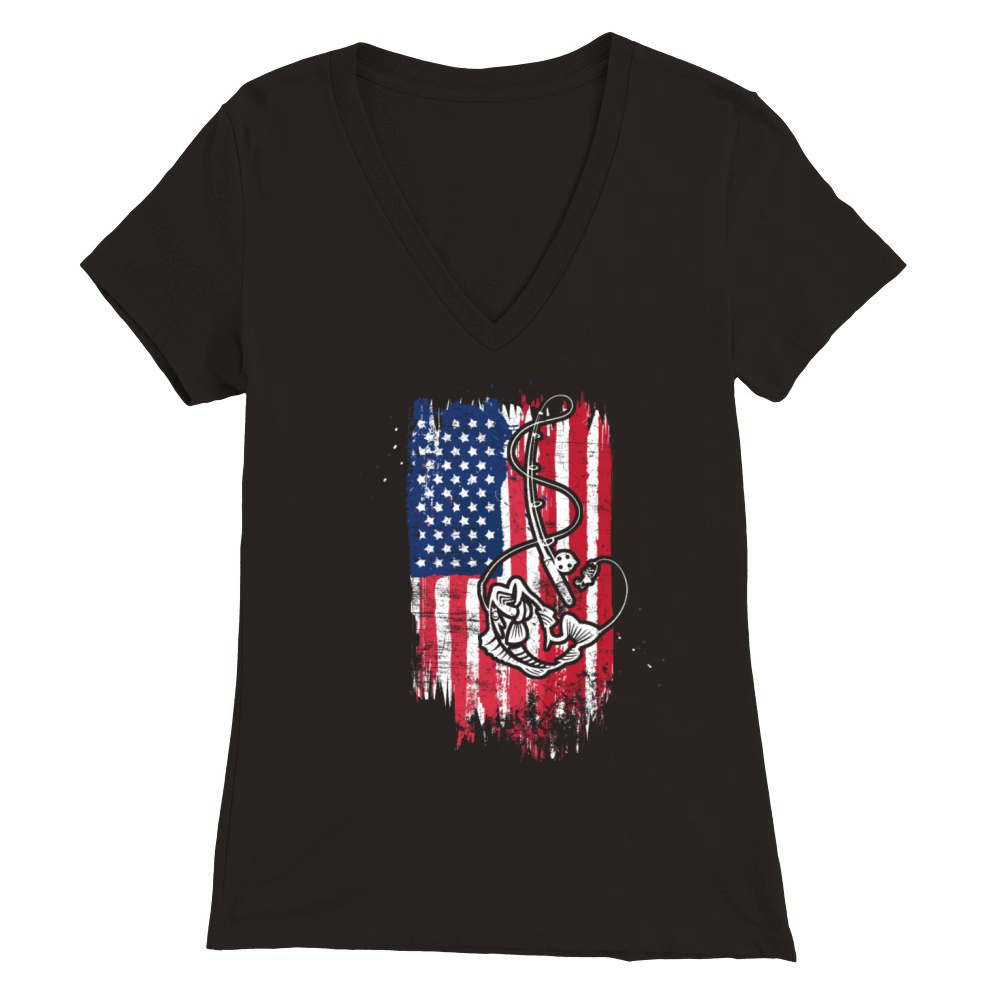 Vintage USA American Flag Bass Fishing Fisher Gift Premium Womens V-Neck T-shirt