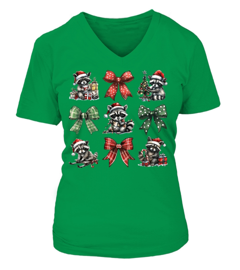 Christmas Coquette Bow Raccoon V-neck T-Shirt Woman