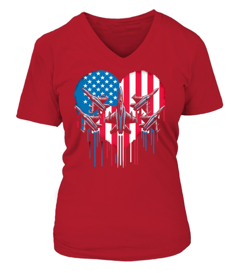 Fighter Jet Airplane American Flag V-neck T-Shirt Woman