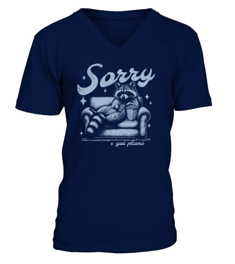 Sorry Got Plans Raccoon Sofa Popcorn D Retro Grey GR V-Neck T-shirt