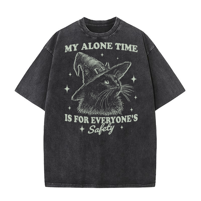 Cat Witch Hat Halloween D Retro Green Washed T-Shirt