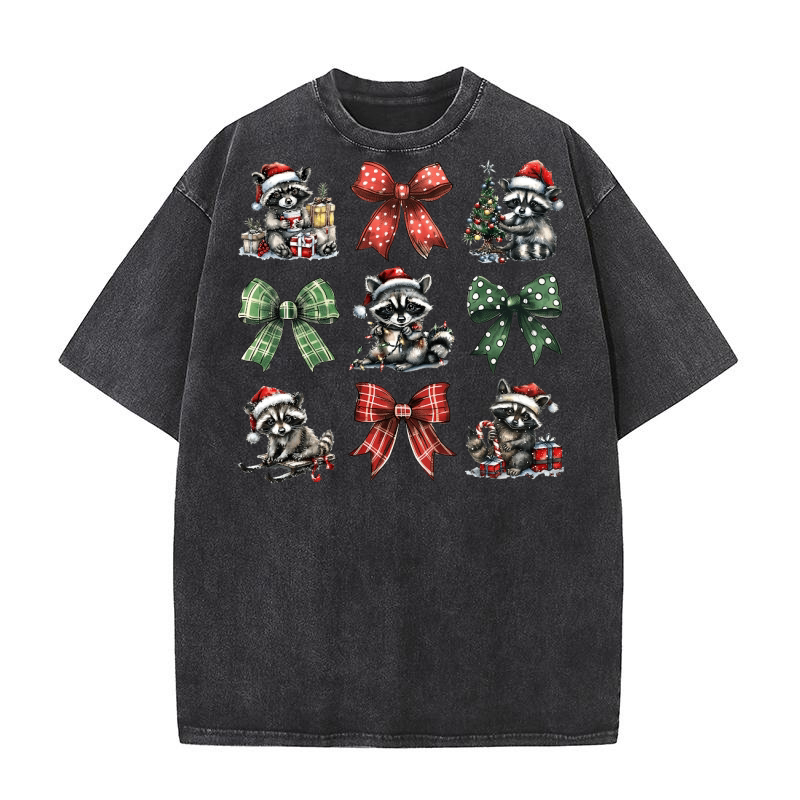Christmas Coquette Bow Raccoon Washed T-Shirt