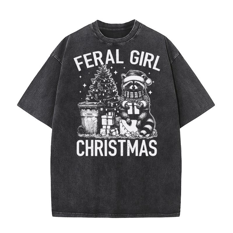 Feral Girl Christmas Raccoon D White TR Washed T-Shirt