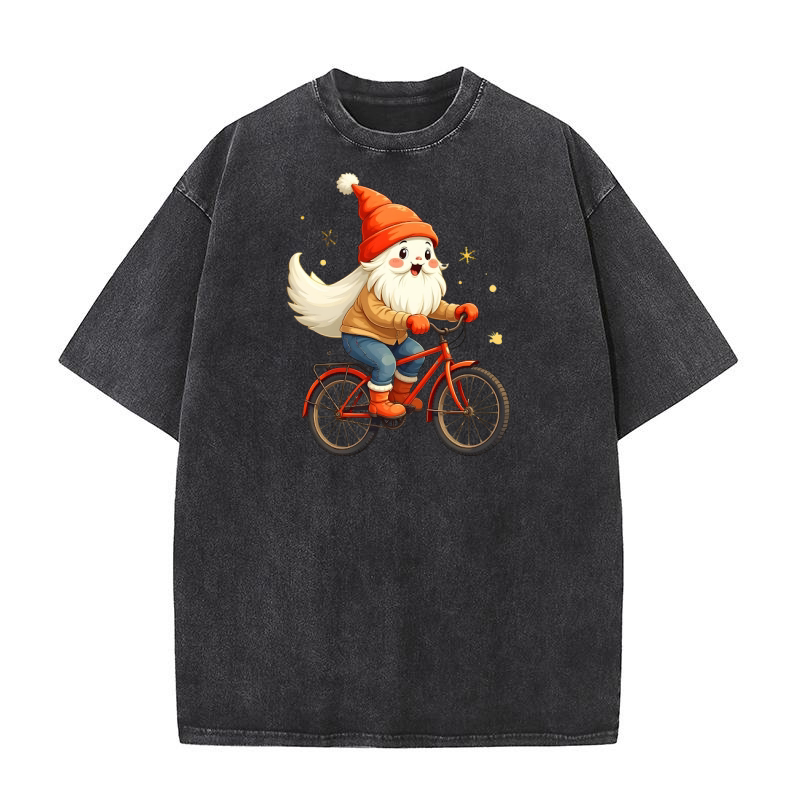 Winter Gnome on a Bicycle Washed T-Shirt