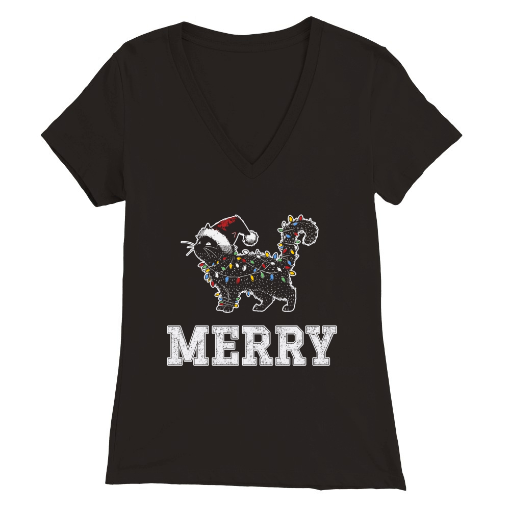 MERRY CAT WRAPPED BY CHRISTMAS LIGHTS D Color 5 Premium Womens V-Neck T-shirt