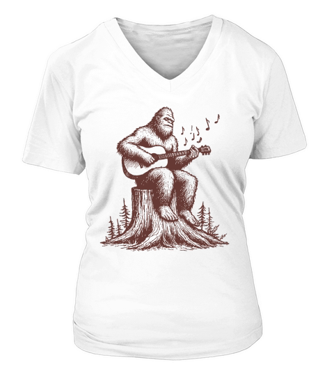 Bigfoot Playing Guitar L Brown V-neck T-Shirt Woman