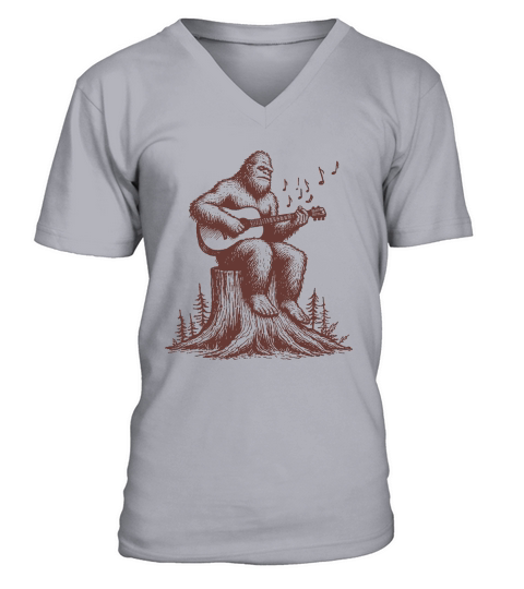 Bigfoot Playing Guitar L Brown V-Neck T-shirt