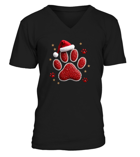 Christmas Paw Print with Santa Hat 1 V-Neck T-shirt