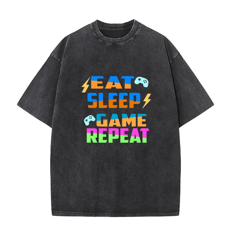 EAT SLEEP GAME REPEAT GYM TYPOGRAPHY Washed T-Shirt