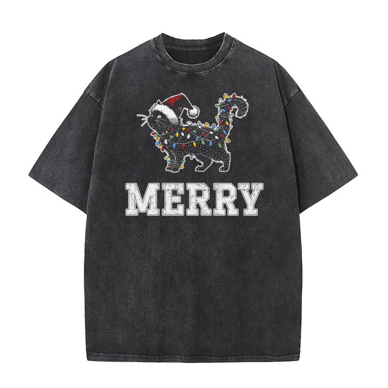 MERRY CAT WRAPPED BY CHRISTMAS LIGHTS D Color 5 Washed T-Shirt
