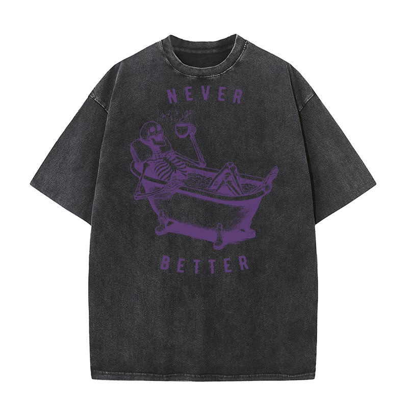 Never Better Skeleton In Bathtub L Violet Washed T-Shirt
