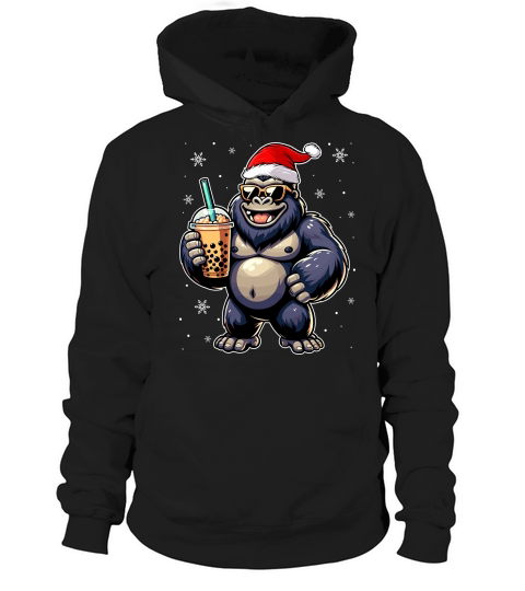 adorable gorilla drinking boba tea wearing santa hat 1 Hoodie Unisex