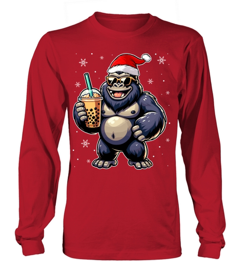 adorable gorilla drinking boba tea wearing santa hat 1 Long sleeved Unisex