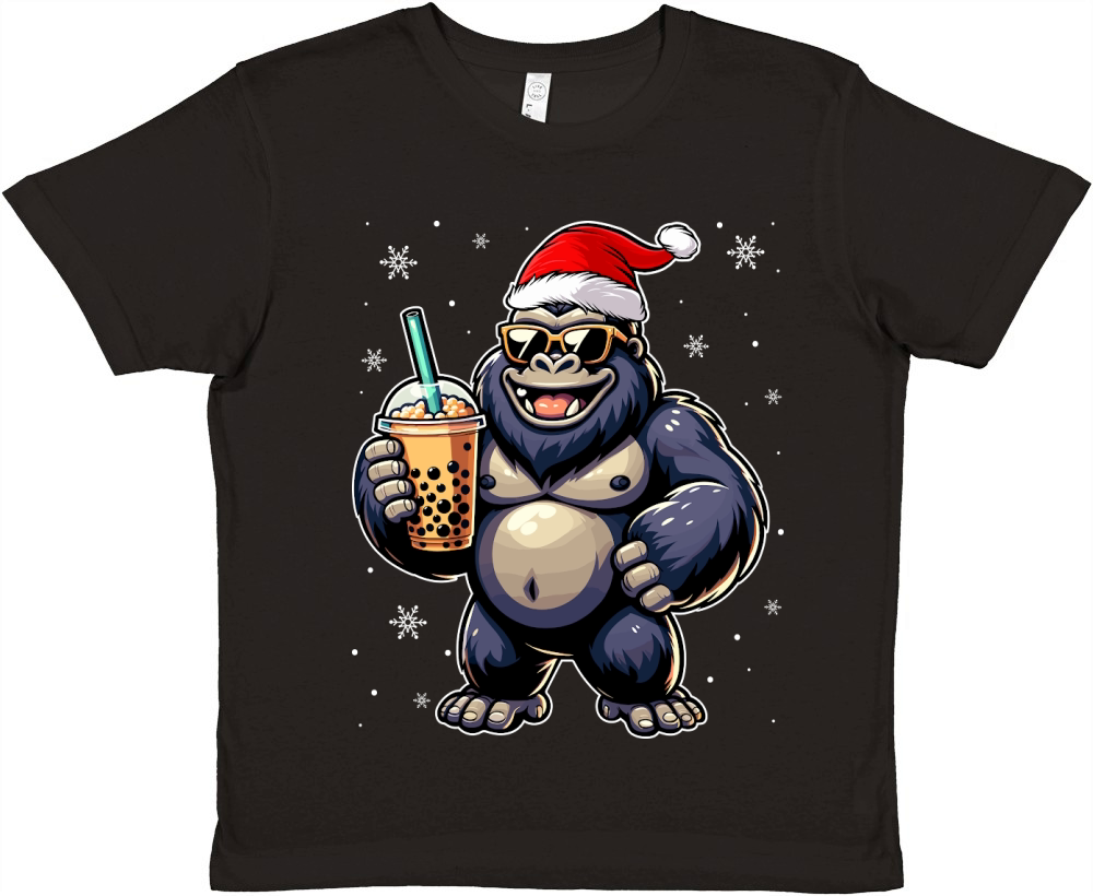 adorable gorilla drinking boba tea wearing santa hat 1 Premium Kids Crewneck T-shirt