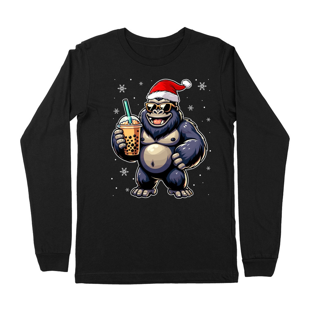 adorable gorilla drinking boba tea wearing santa hat 1 Premium Long Sleeve