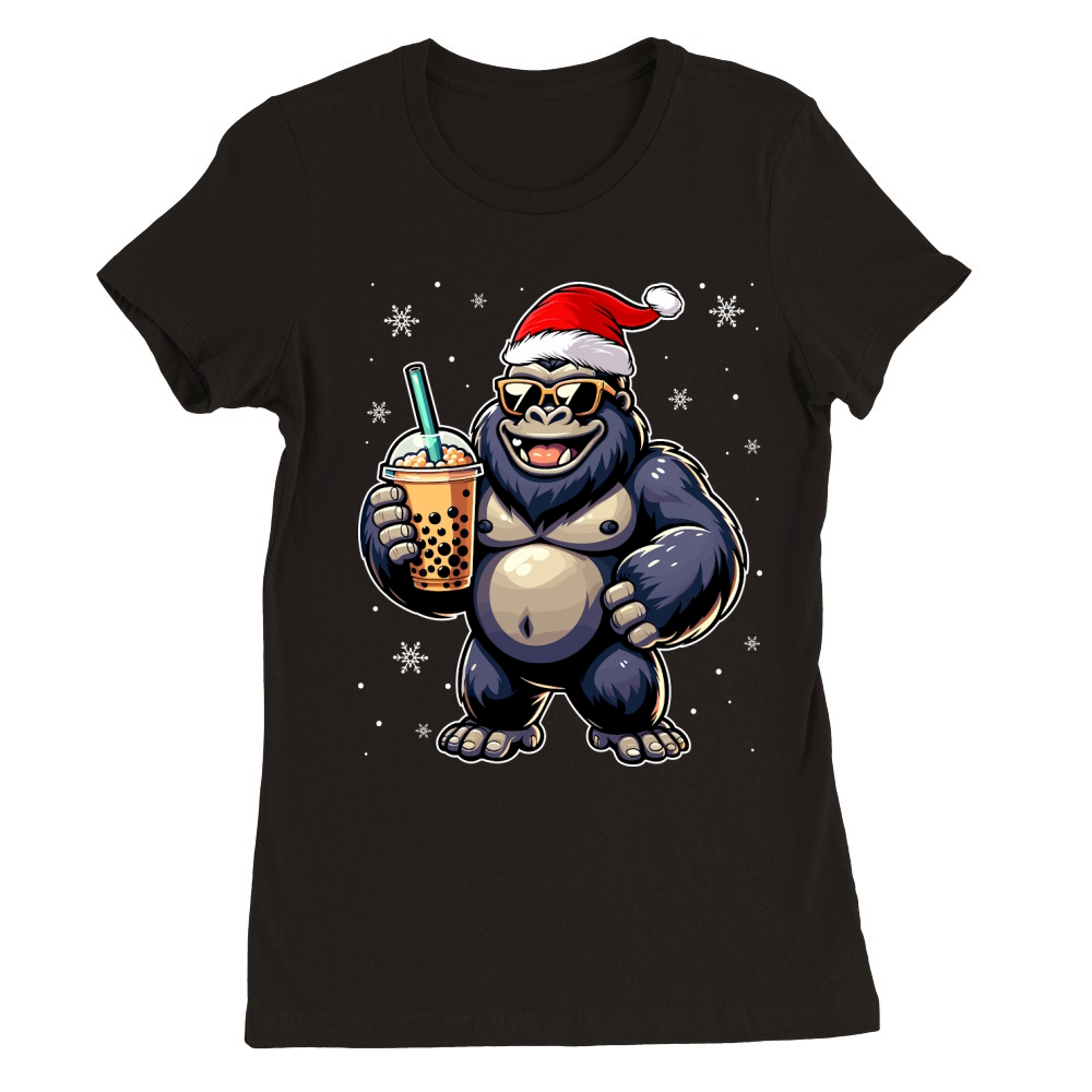 adorable gorilla drinking boba tea wearing santa hat 1 Premium Womens Crewneck T-shirt