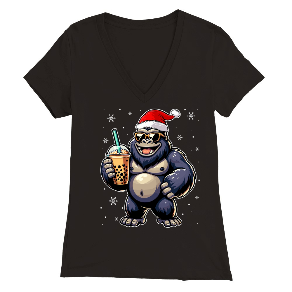 adorable gorilla drinking boba tea wearing santa hat 1 Premium Womens V-Neck T-shirt