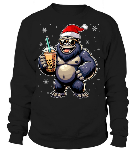 adorable gorilla drinking boba tea wearing santa hat 1 Sweatshirt Unisex