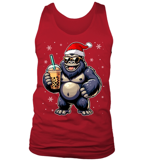 adorable gorilla drinking boba tea wearing santa hat 1 Tank Top Unisex
