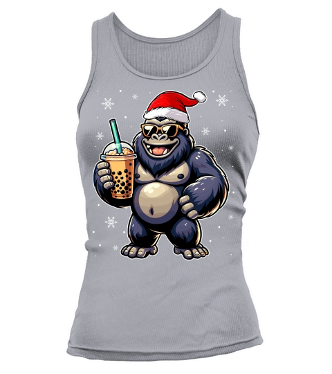 adorable gorilla drinking boba tea wearing santa hat 1 Tank top Woman