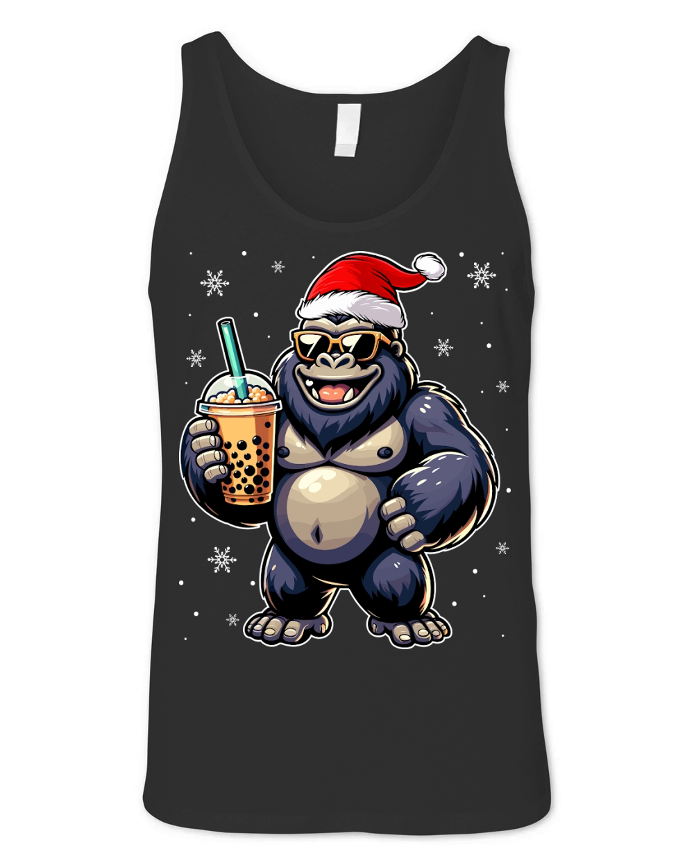 adorable gorilla drinking boba tea wearing santa hat 1 Unisex Jersey Tank