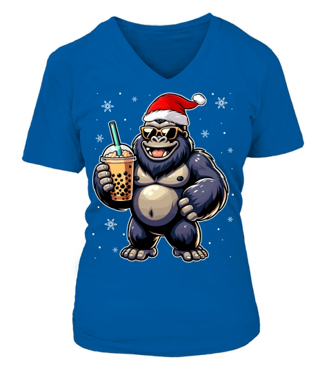 adorable gorilla drinking boba tea wearing santa hat 1 V-neck T-Shirt Woman