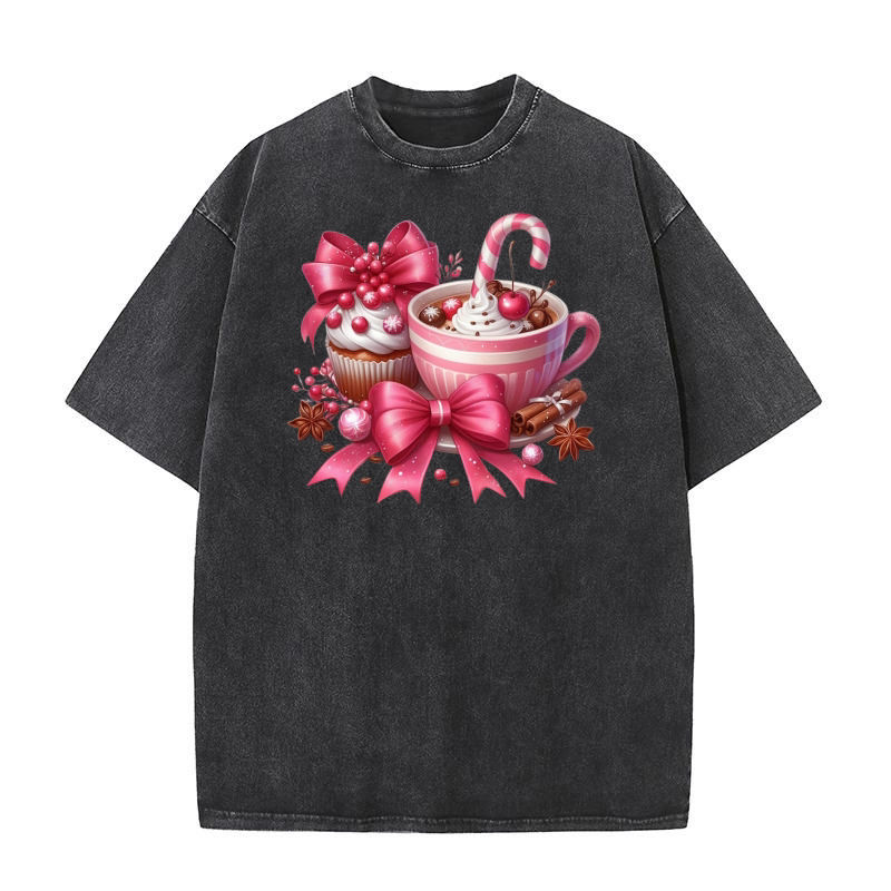 Christmas Coffee Pink Coquette Bow (6) Washed T-Shirt