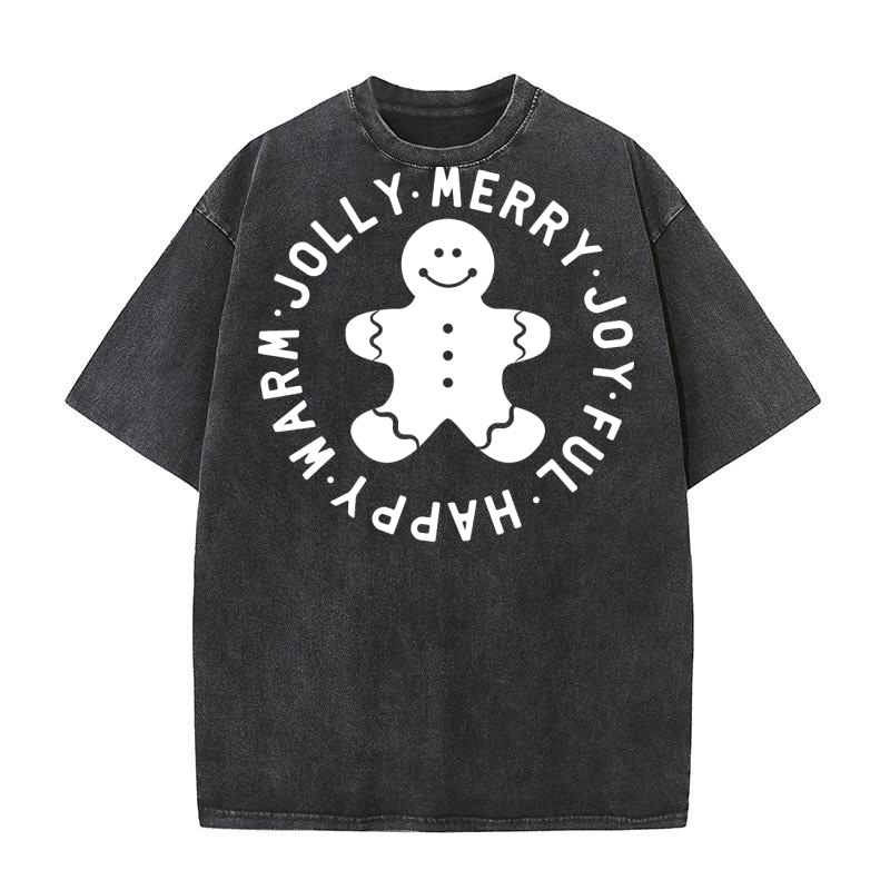 Warm Jolly Merry Joy Gingerbread Man, Christmas Washed T-Shirt