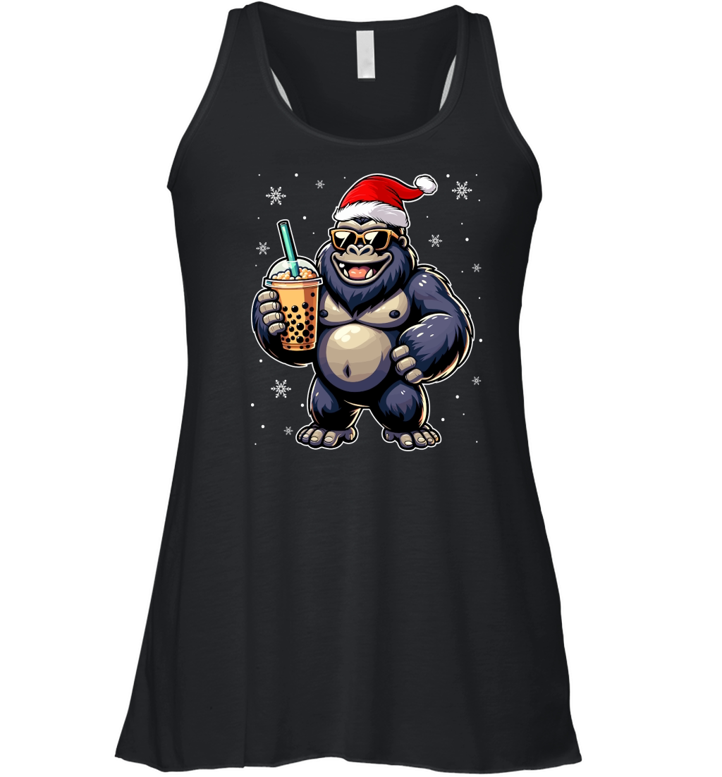 adorable gorilla drinking boba tea wearing santa hat 1 Women's Flowy Tank Top
