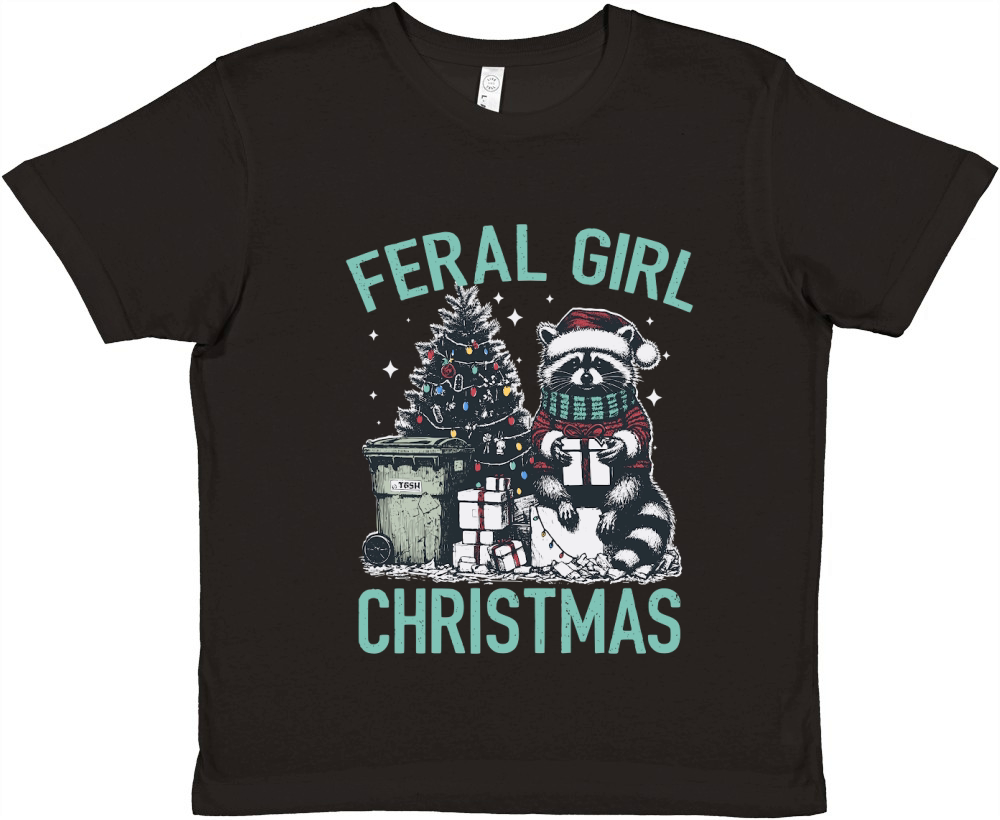 Feral Girl Christmas Raccoon D Color Green Premium Kids Crewneck T-shirt