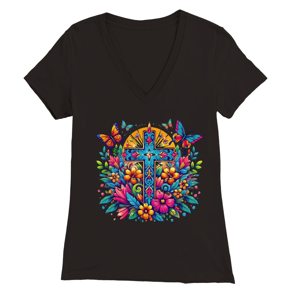 Faith Cross with Butterflies Premium Womens V-Neck T-shirt