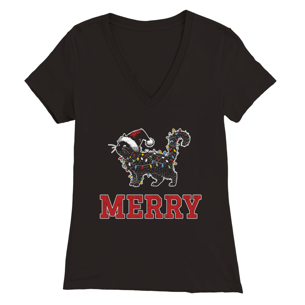 MERRY CAT WRAPPED BY CHRISTMAS LIGHTS D Color 4 Premium Womens V-Neck T-shirt
