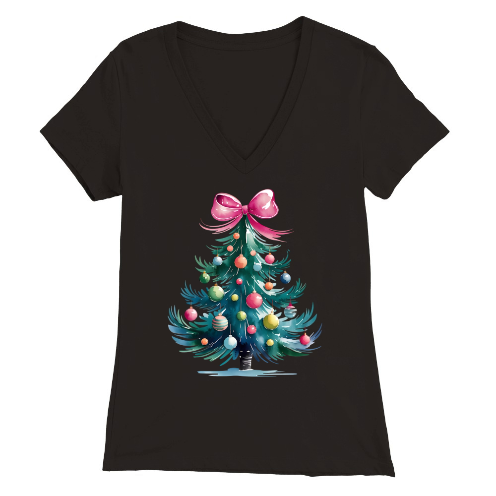 Watercolor Christmas Tree with Ornaments Premium Womens V-Neck T-shirt