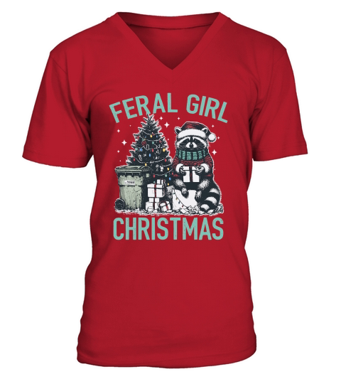 Feral Girl Christmas Raccoon D Color Green V-Neck T-shirt