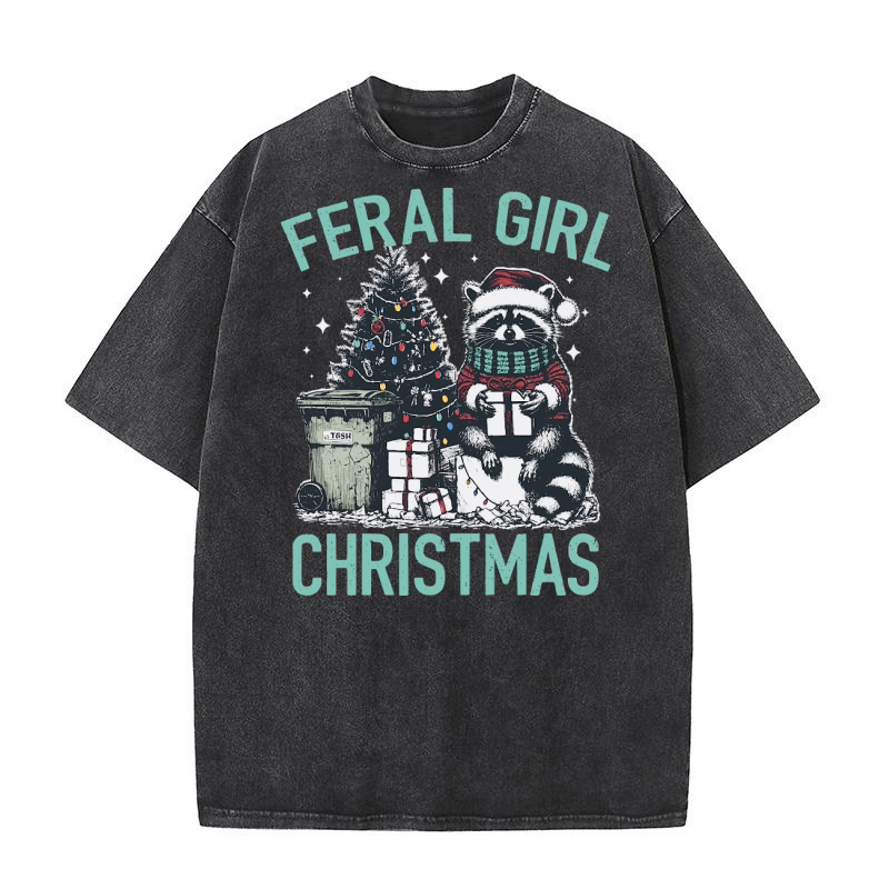 Feral Girl Christmas Raccoon D Color Green Washed T-Shirt