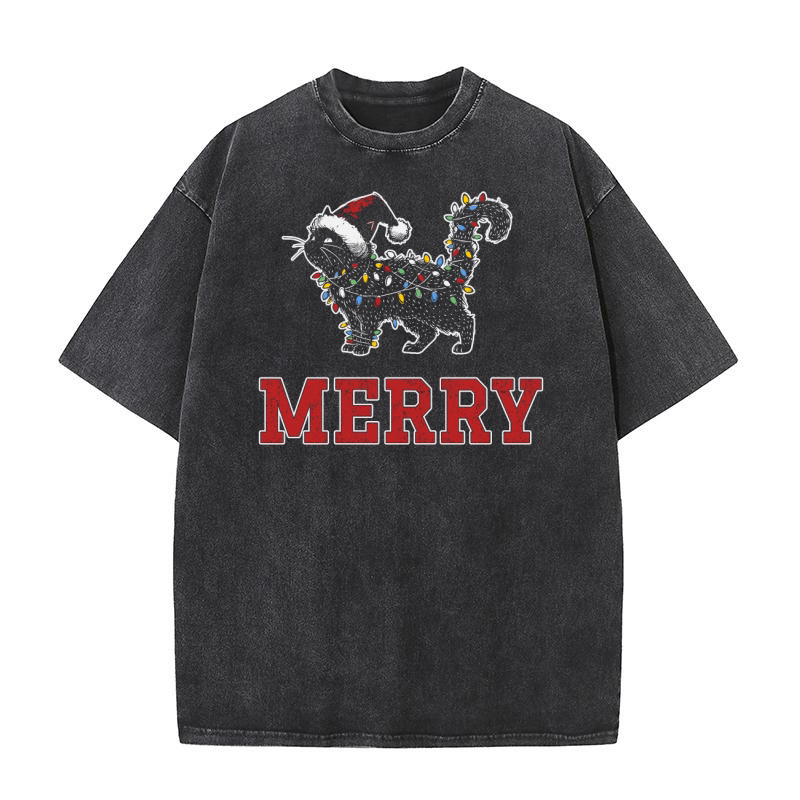 MERRY CAT WRAPPED BY CHRISTMAS LIGHTS D Color 4 Washed T-Shirt