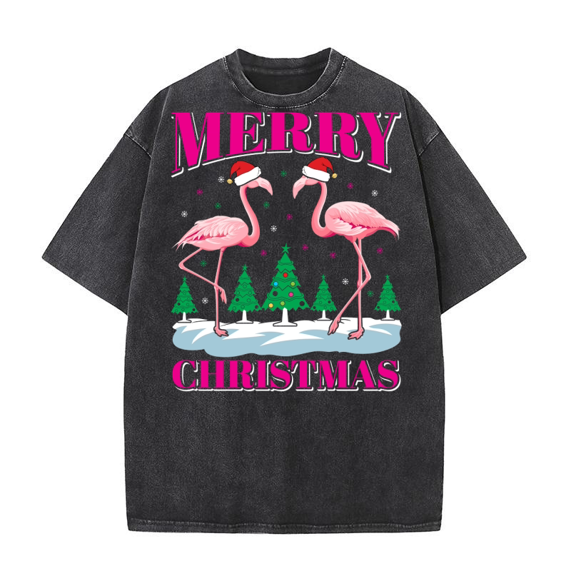 Merry Christmas, Flamingo Lover, Christmas Day Washed T-Shirt