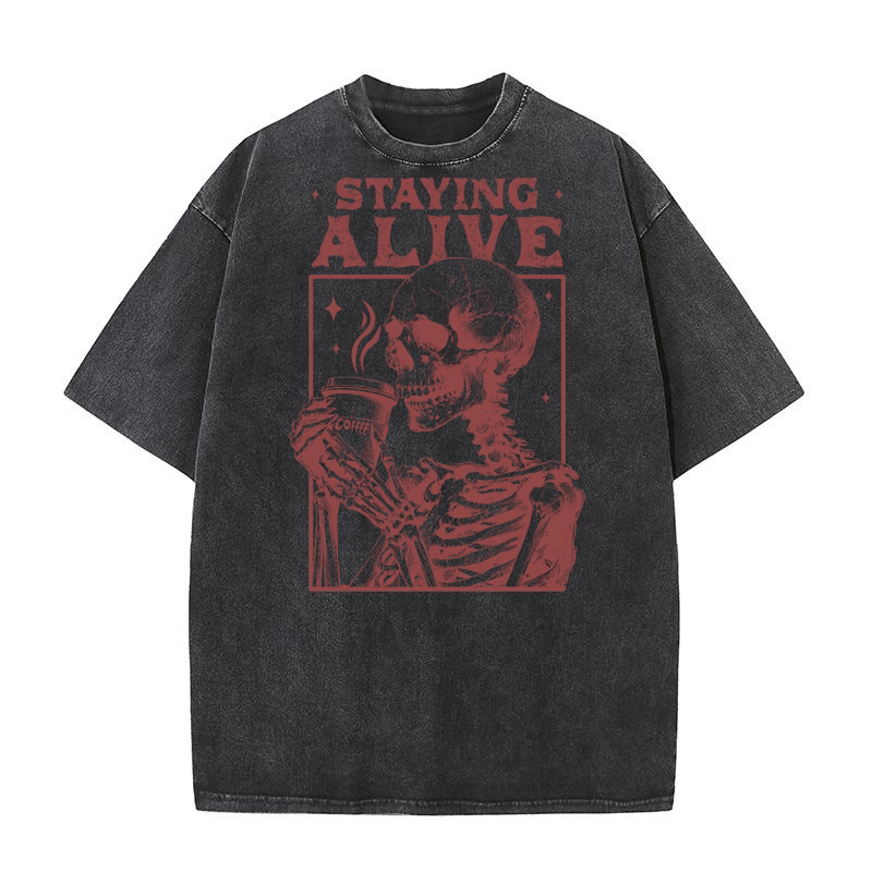 Staying Alive Skeleton Coffee L D Red Washed T-Shirt