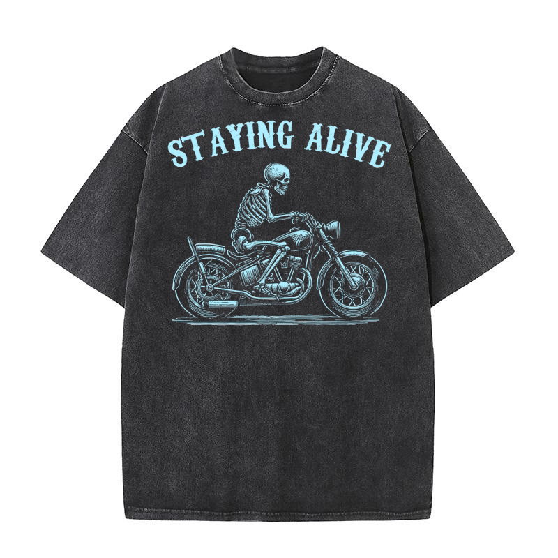 Staying Alive Skeleton riding Motorcycle D Sky Washed T-Shirt